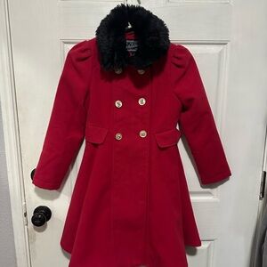 Rothschild Red Pea Coat with Black Faux Fur Collar